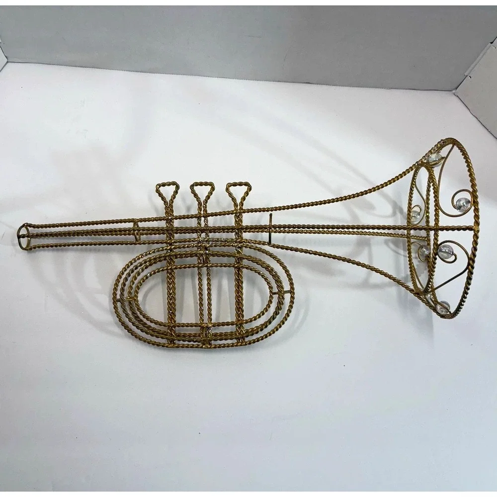 Vintage Gold Glitter Metal Trumpet Wall Tree Decor Christmas Musical Set of 3